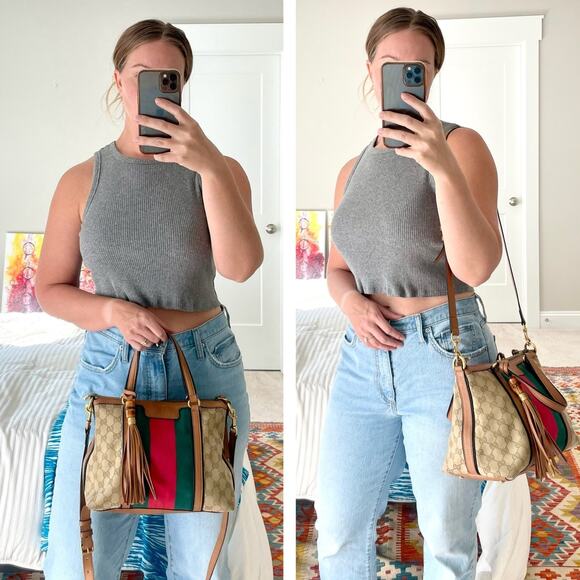 Gucci Rania Monogram GG Web Convertible Top Handle Shoulder Bag Leather Canvas - Picture 2 of 16